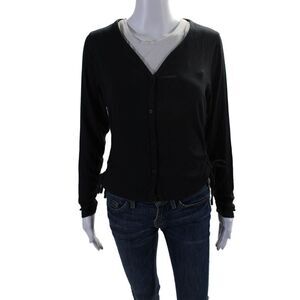 Designer Womens Ruched Tied Buttoned V-Neck Long Sleeve Blouse Black Size M